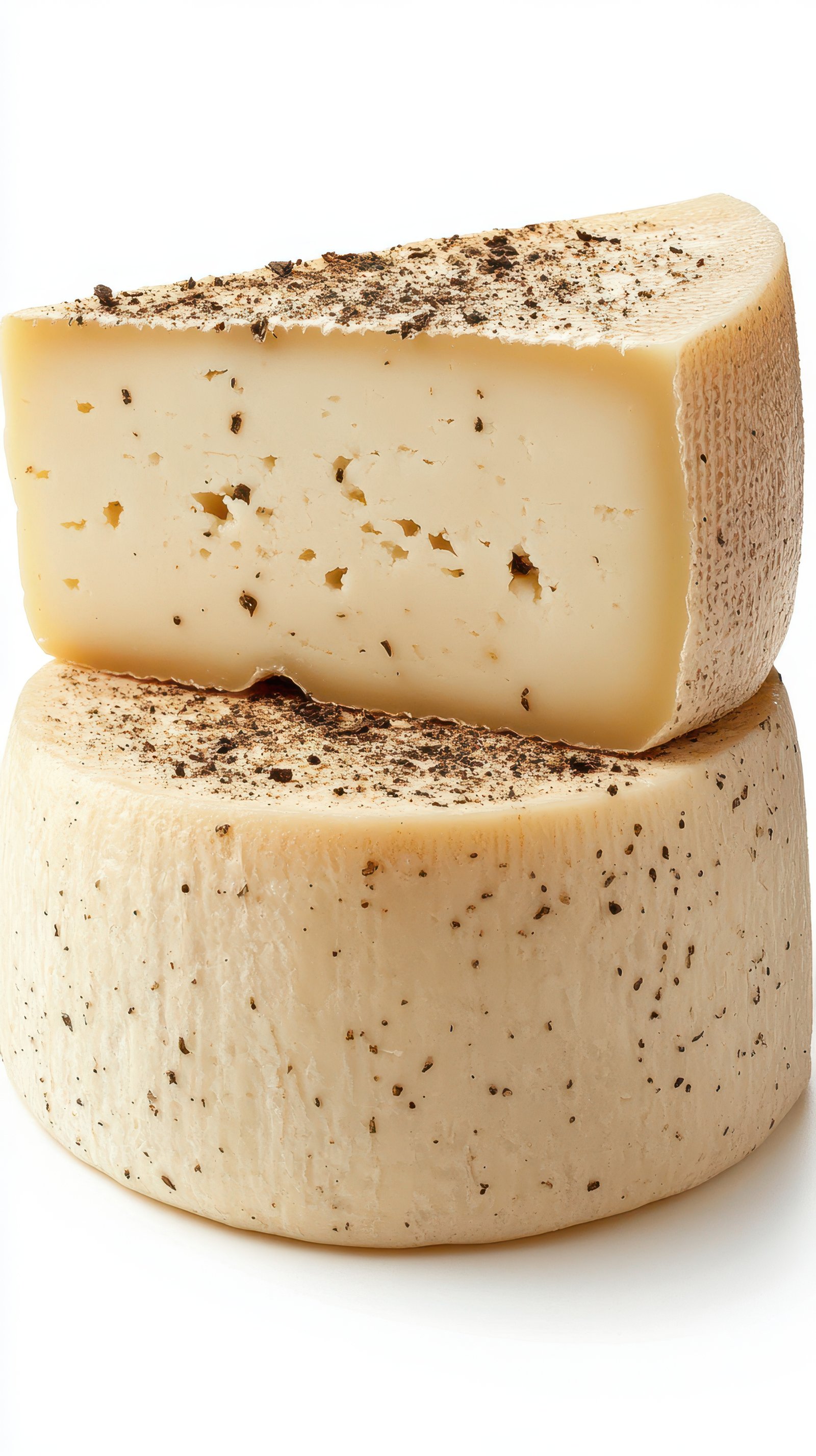 Creamy cheese wheel with black pepper crust stacked on a wooden surface